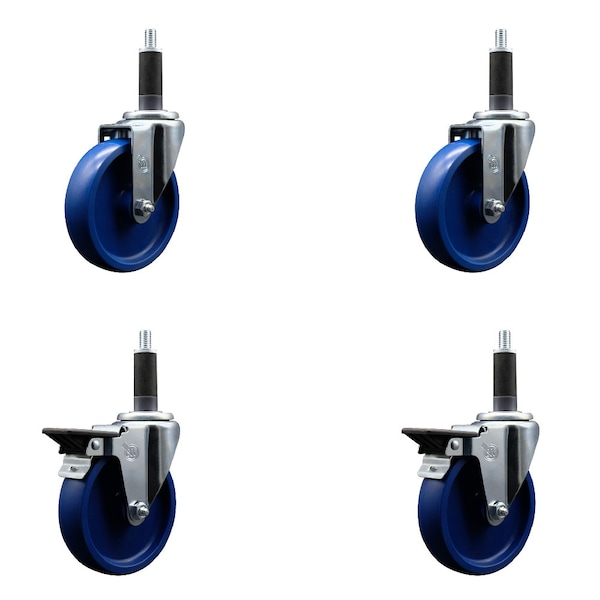 5'' Solid Poly Wheel Swivel 1'' Expanding Stem Caster Set 2 Brakes, 4PK